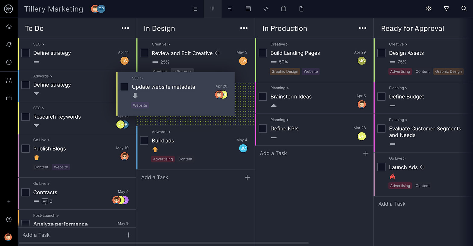 screenshot of ProjectManager's kanban interface, with multiple tasks (represented as cards) on columns which represent boards