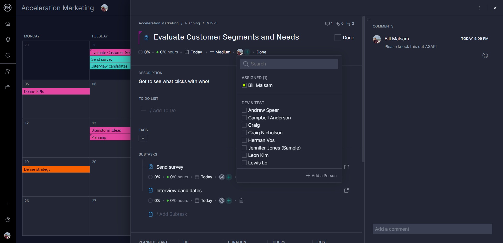 ProjectManager's calendar view with assignment popup window