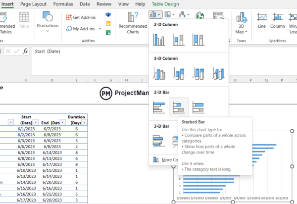 Excel Gantt chart stacked bar chart.