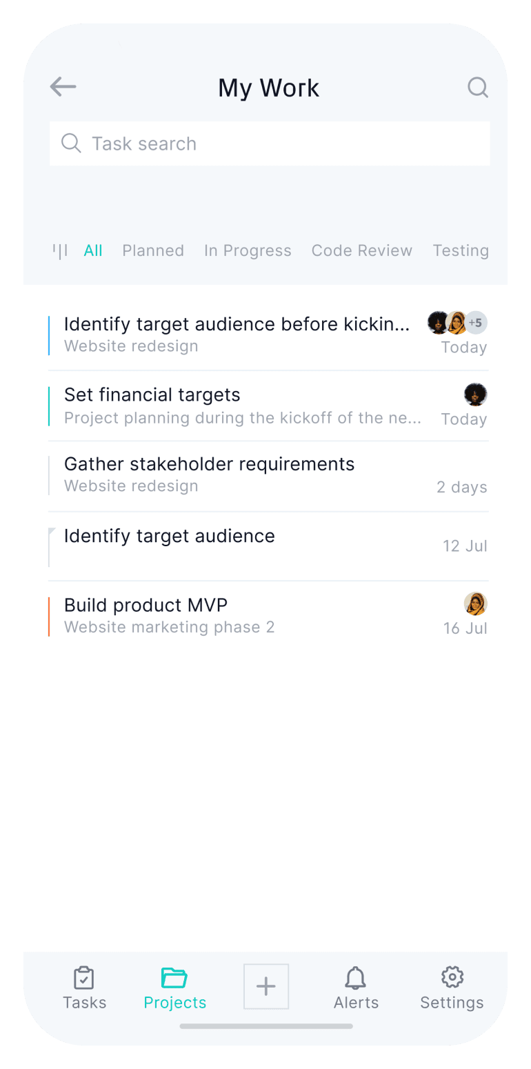 screenshot of ProjectManager's mobile app My Work view