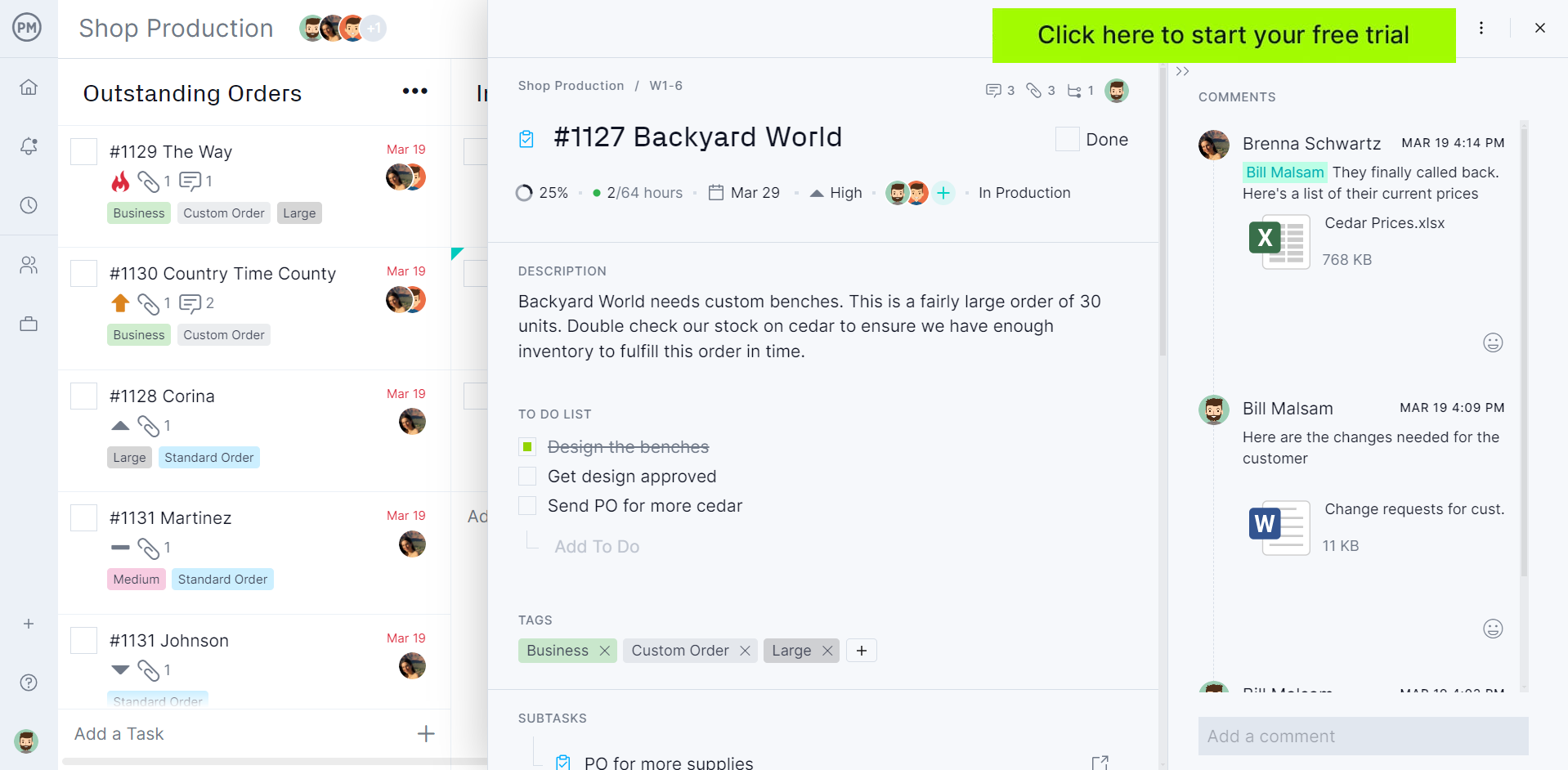 Kanban board with task card pop up