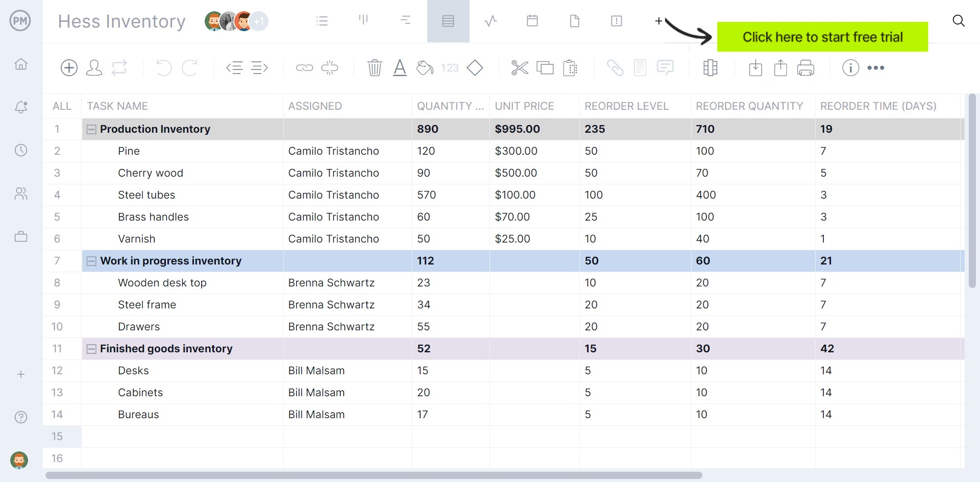 Inventory management in ProjectManager on the spreadsheet view