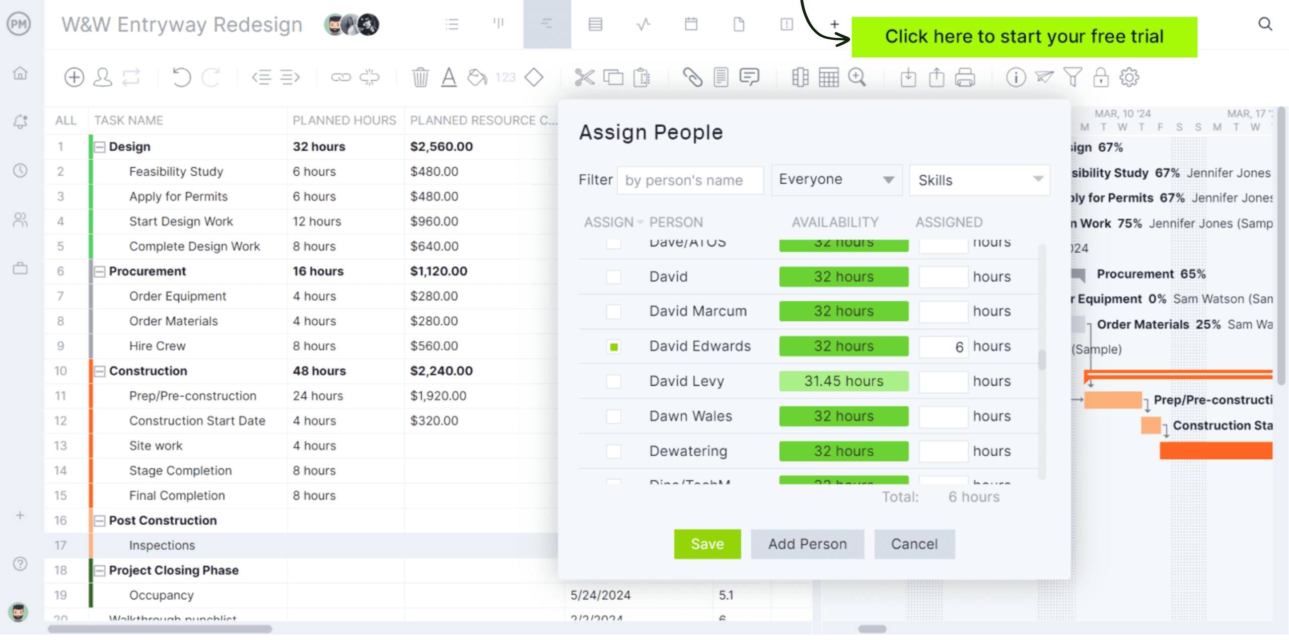 resource scheduling on a Gantt chart
