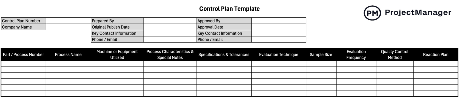 control plan template for Excel