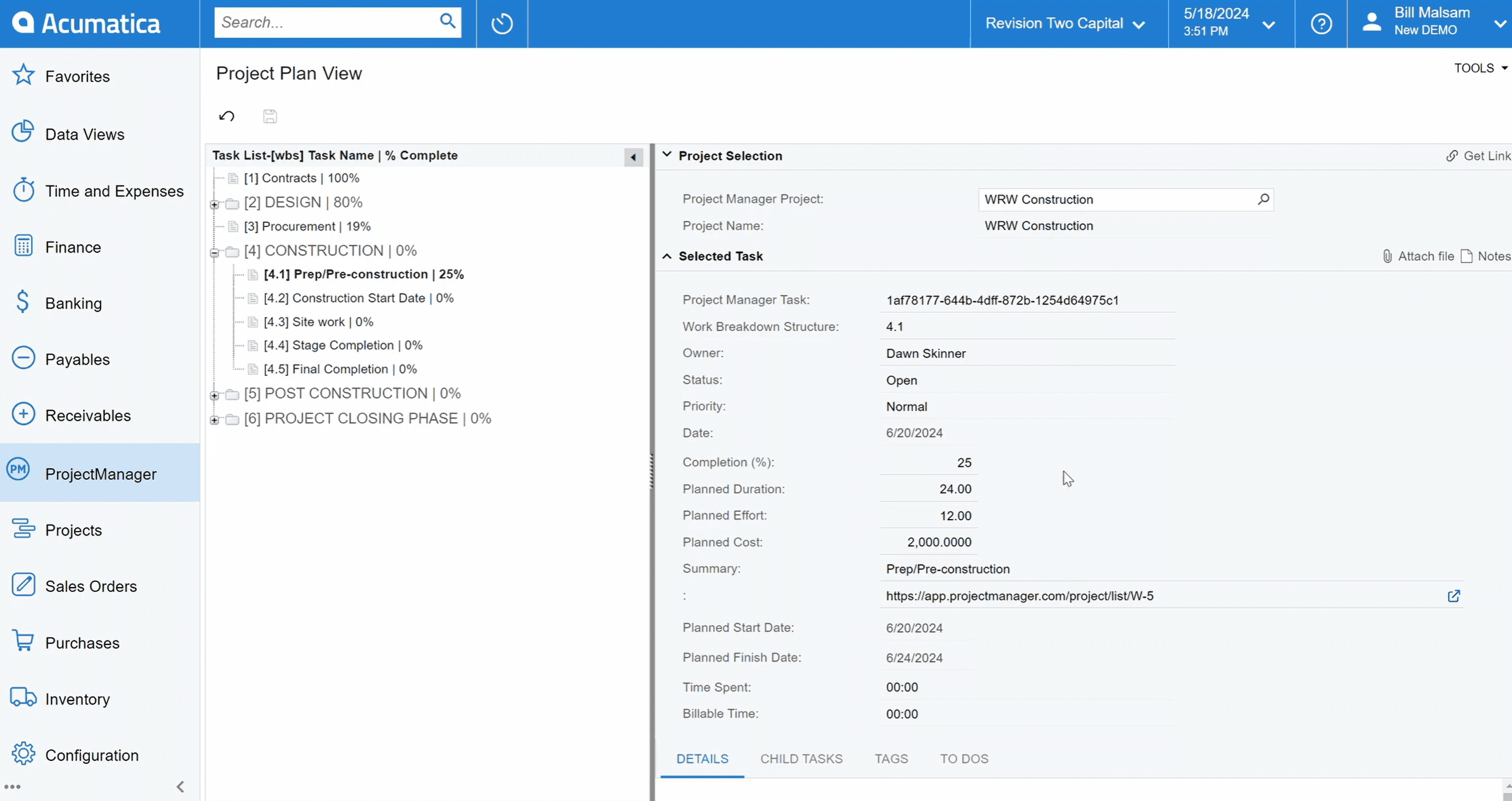 Acumatica construction project plan