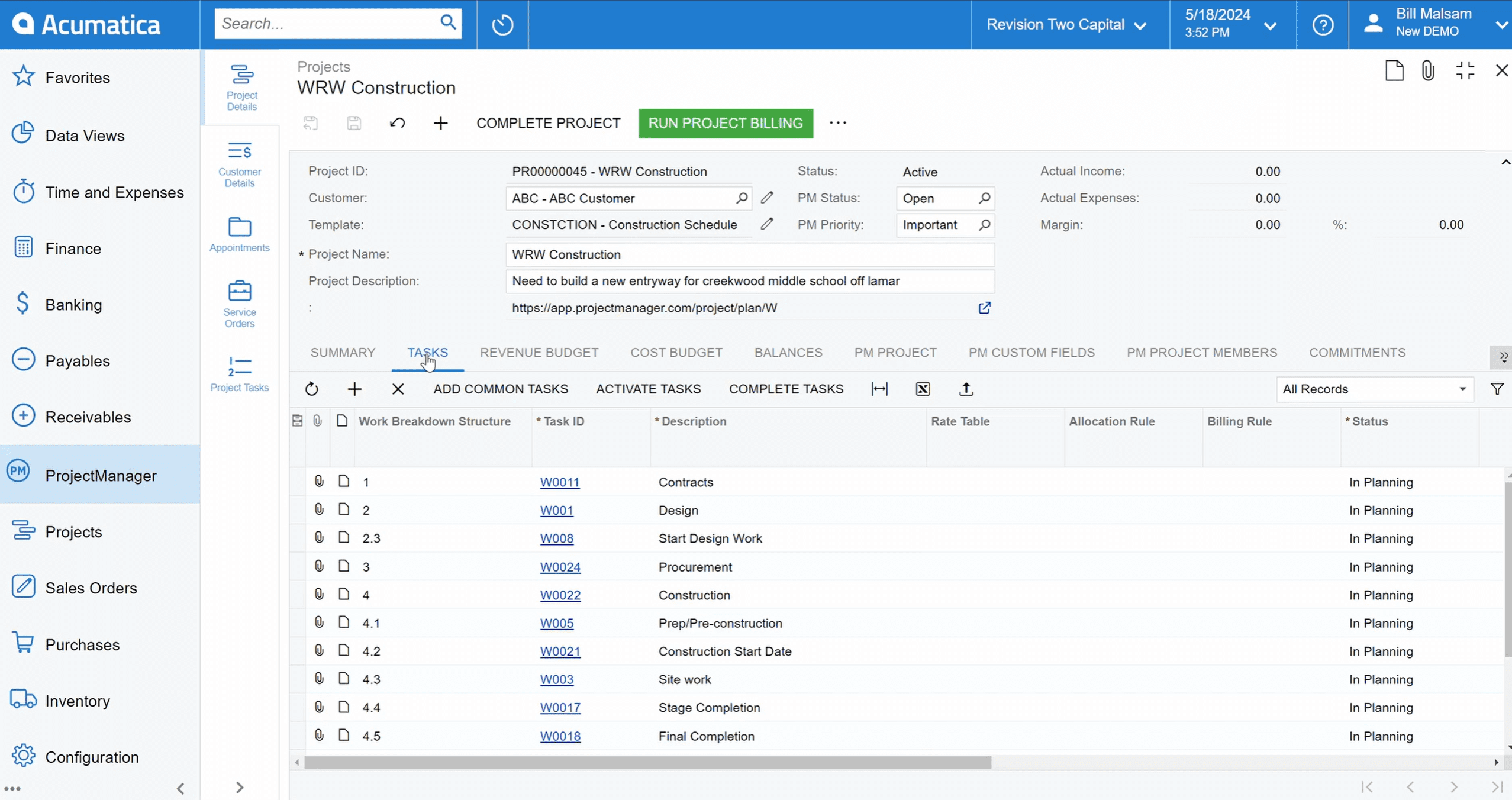 Acumatica task list construction