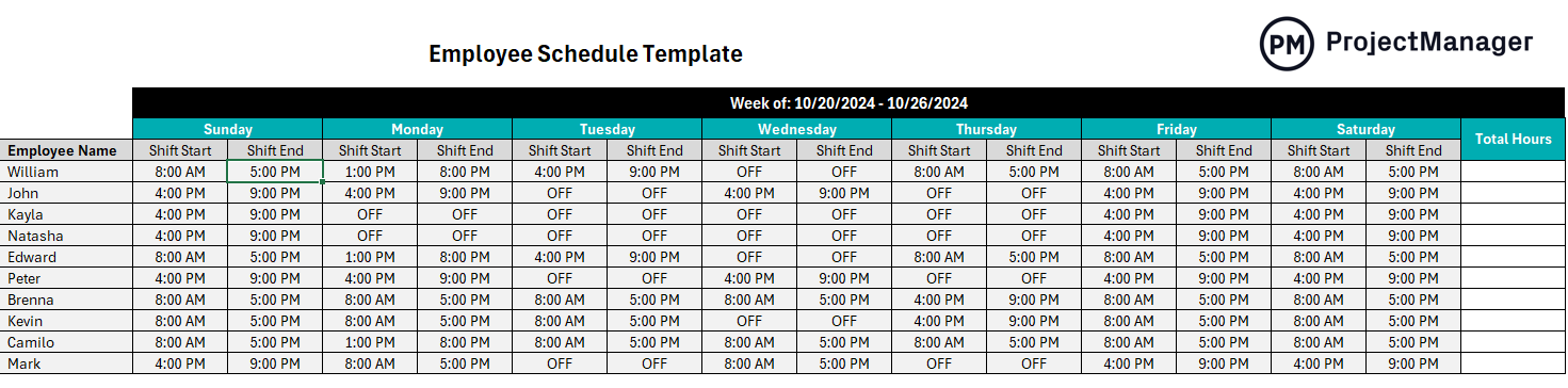ProjectManager's free employee schedule template for Excel